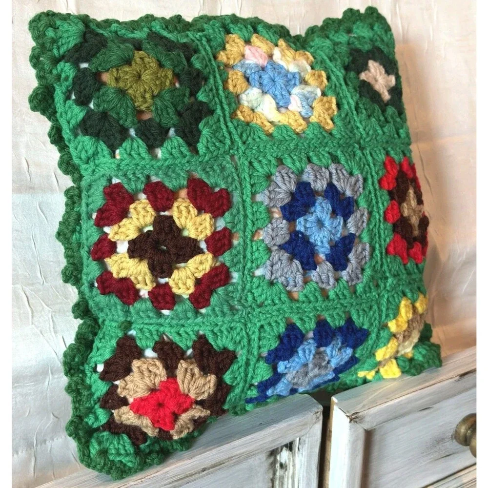 Vintage Square Throw Pillow Hand Made Decor Crocheted 12x12 Nostalgic Boho